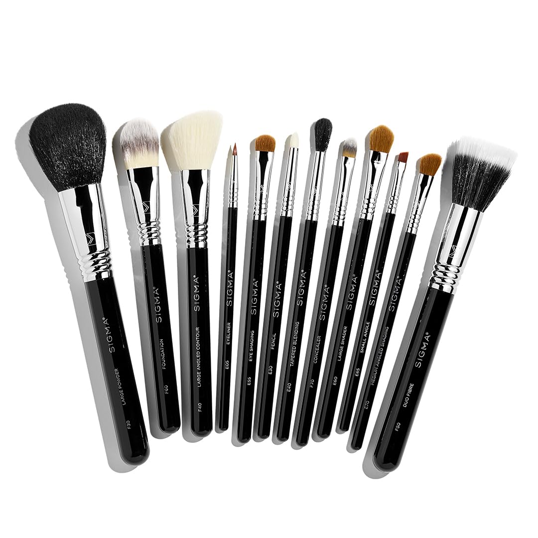 Sigma Beauty Essential Makeup Brushes Set – Professional Grade Makeup Brush Set with Premium Fibers and Sleek, Durable Handles for Face & Eyes, Includes 12 CK001 Black Makeup Brushes