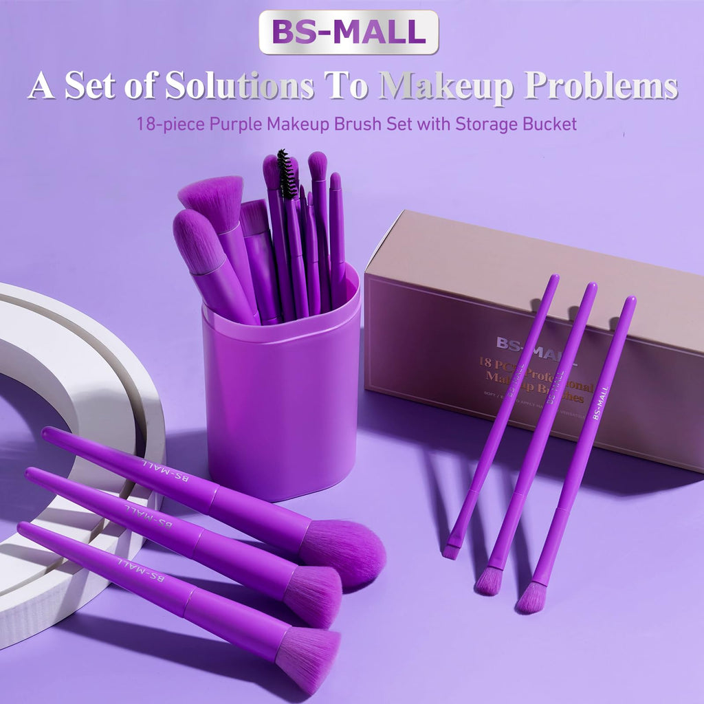 BS-MALL Professional Makeup Brush Set 18 Pcs Premium Synthetic Foundation Powder Concealers Eye Shadows Blush Makeup Brushes with Travel Case (Matte white beige)