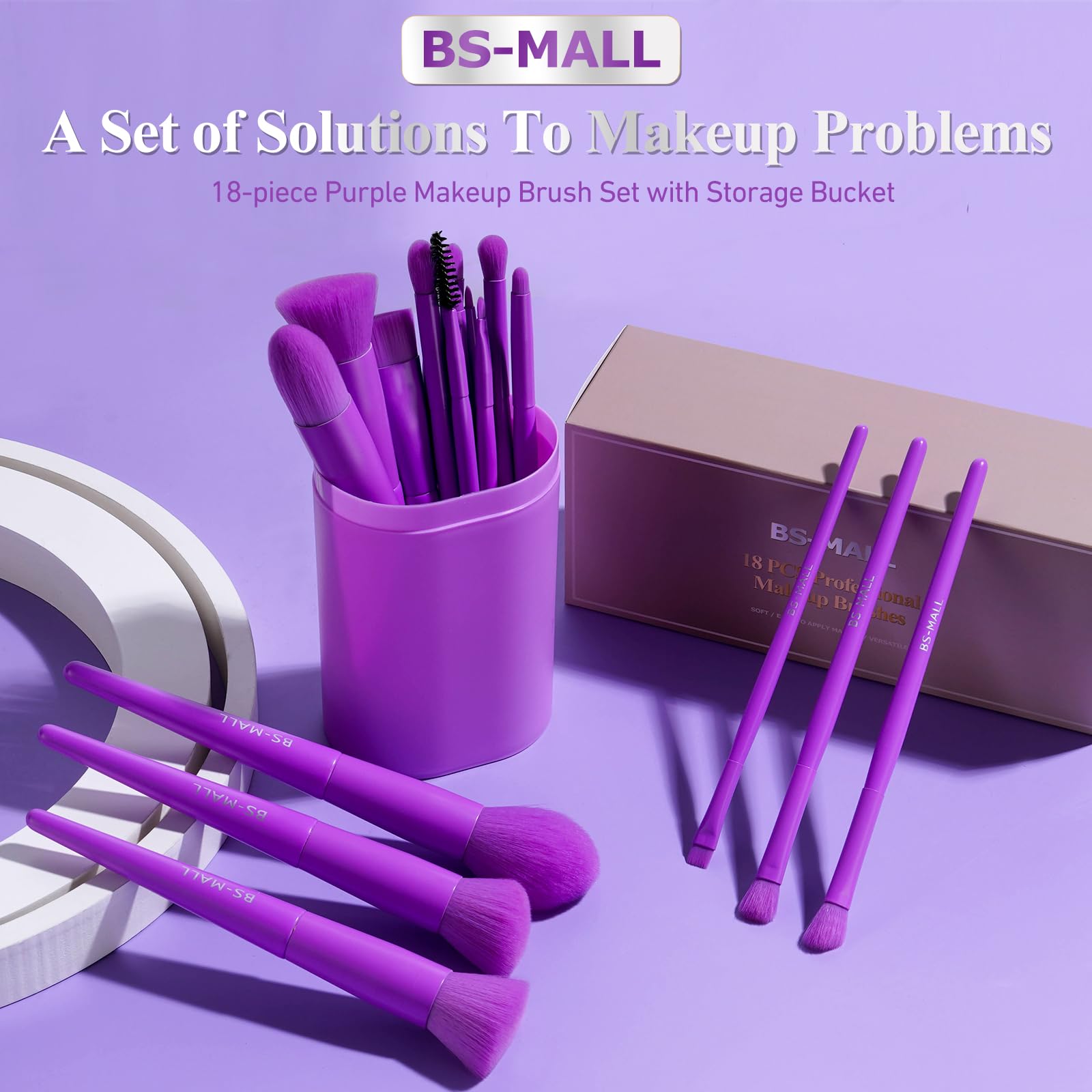 BS-MALL Professional Makeup Brush Set 18 Pcs Premium Synthetic Foundation Powder Concealers Eye Shadows Blush Makeup Brushes with Travel Case (Matte white beige)