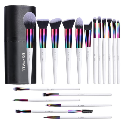 BS-MALL Professional Makeup Brush Set 18 Pcs Premium Synthetic Foundation Powder Concealers Eye Shadows Blush Makeup Brushes with Travel Case (Matte white beige)