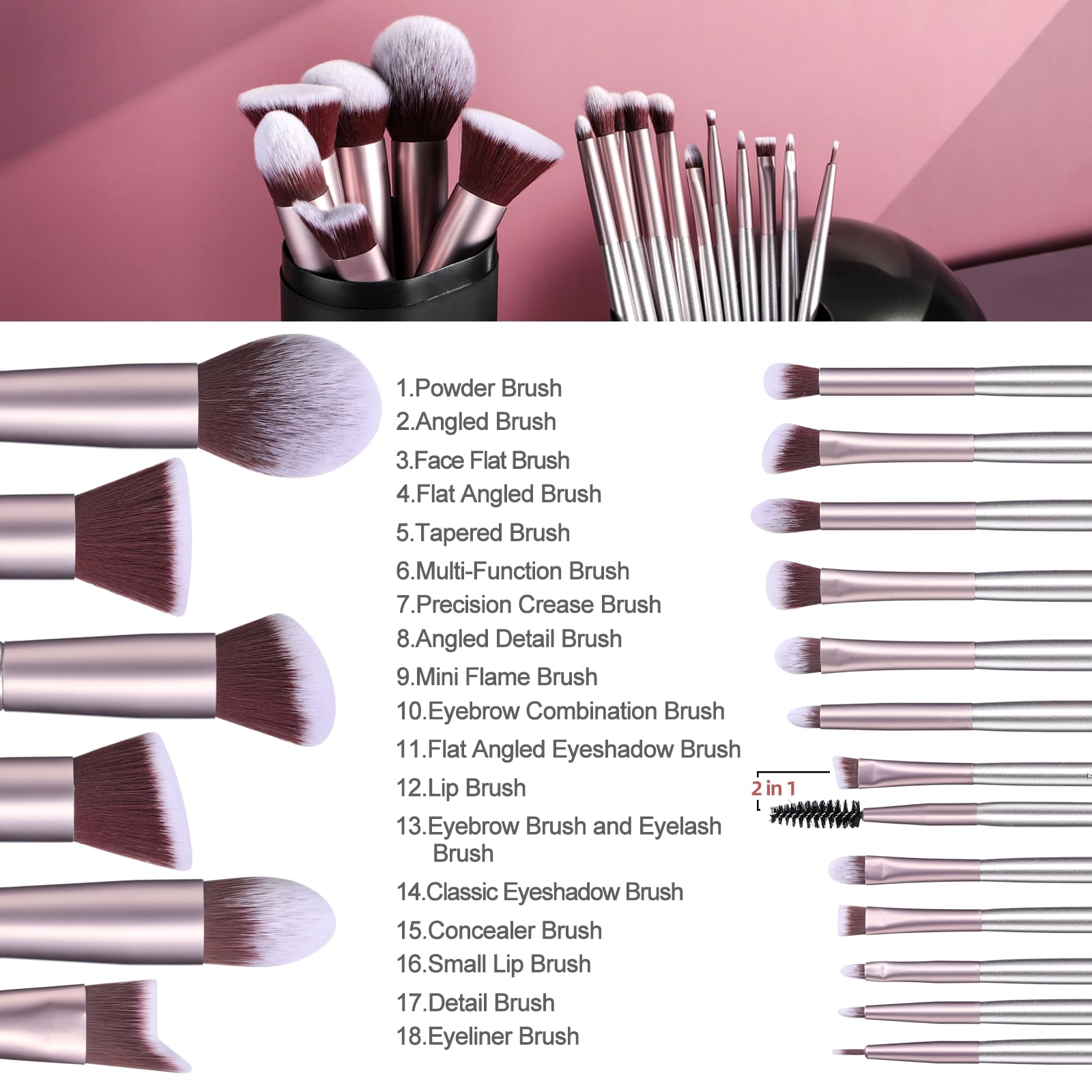 BS-MALL Professional Makeup Brush Set 18 Pcs Premium Synthetic Foundation Powder Concealers Eye Shadows Blush Makeup Brushes with Travel Case (Matte white beige)