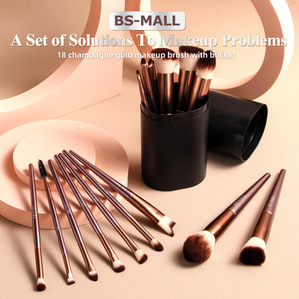 BS-MALL Professional Makeup Brush Set 18 Pcs Premium Synthetic Foundation Powder Concealers Eye Shadows Blush Makeup Brushes with Travel Case (Matte white beige)