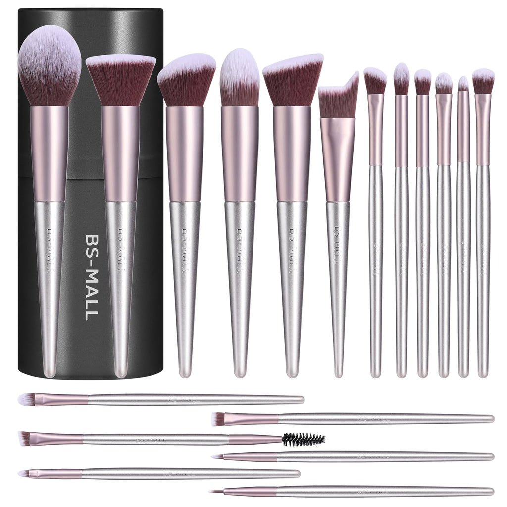 BS-MALL Professional Makeup Brush Set 18 Pcs Premium Synthetic Foundation Powder Concealers Eye Shadows Blush Makeup Brushes with Travel Case (Matte white beige)