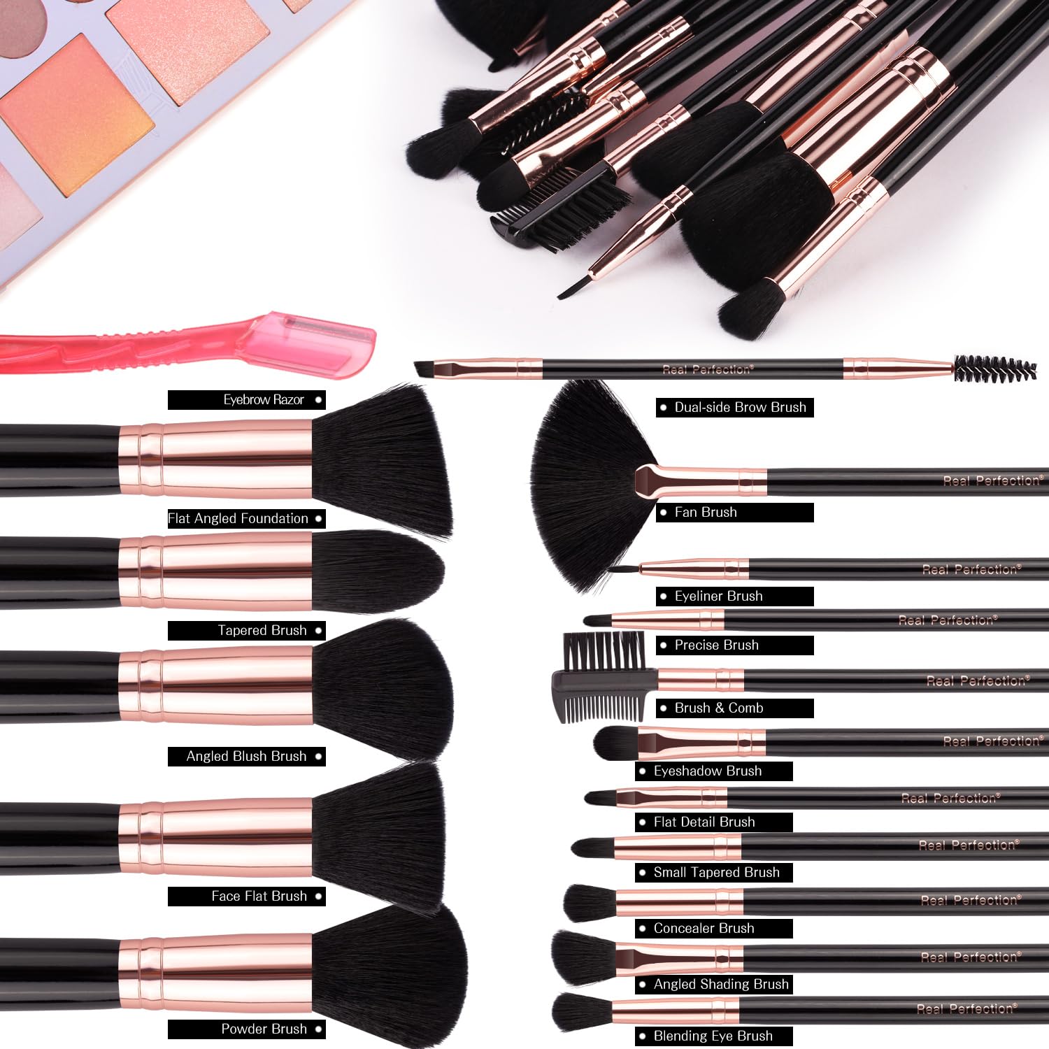 Real Perfection Makeup Brush Set 16 Pcs with 1 Eyebrow Razor Premium Synthetic Foundation Powder Concealers Eyeshadow Blush Makeup Brushes Make up Brushes Kit (Pink)