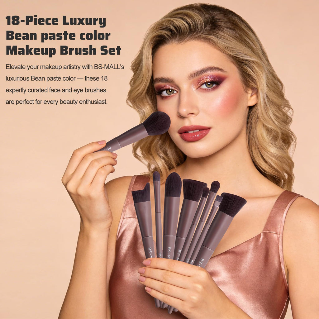 BS-MALL Professional Makeup Brush Set 18 Pcs Premium Synthetic Foundation Powder Concealers Eye Shadows Blush Makeup Brushes with Travel Case (Matte white beige)