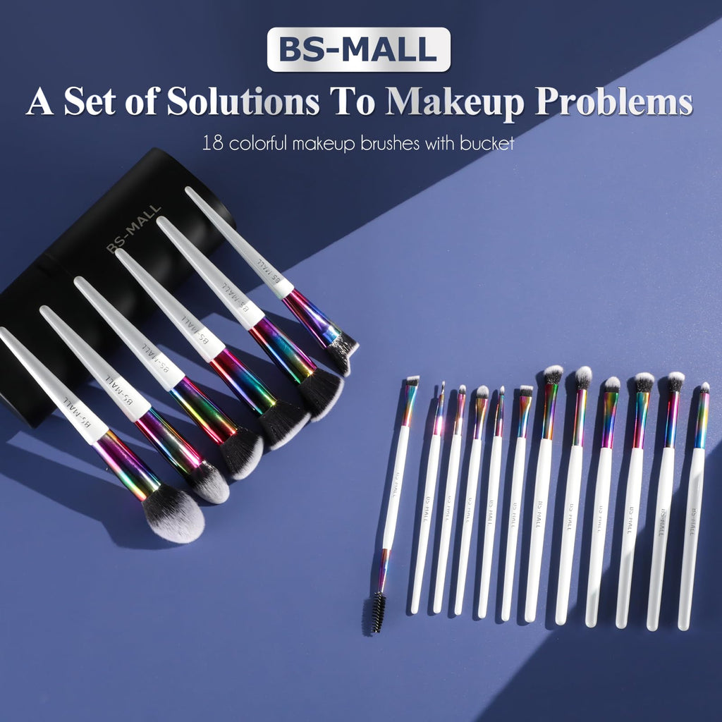 BS-MALL Professional Makeup Brush Set 18 Pcs Premium Synthetic Foundation Powder Concealers Eye Shadows Blush Makeup Brushes with Travel Case (Matte white beige)