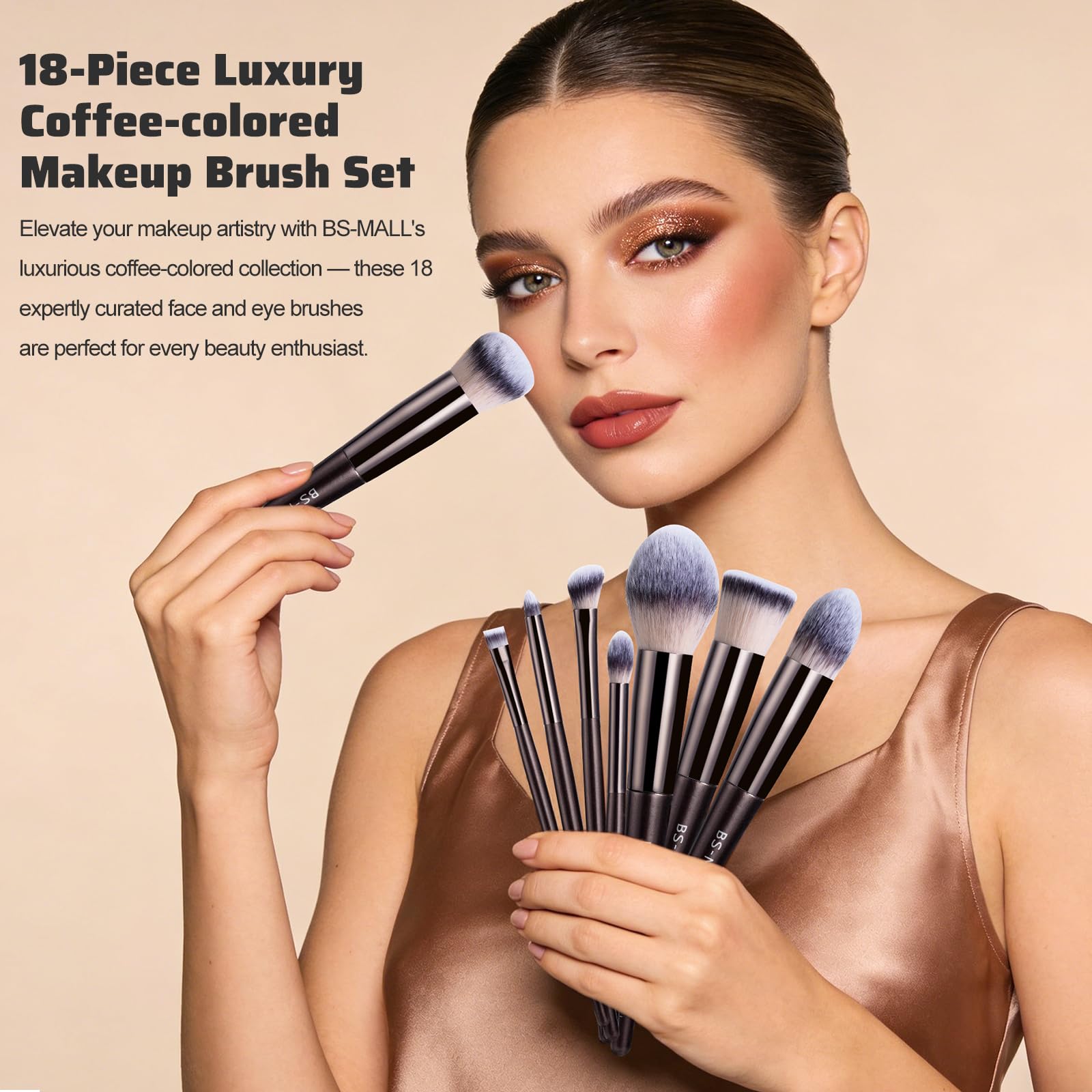 BS-MALL Professional Makeup Brush Set 18 Pcs Premium Synthetic Foundation Powder Concealers Eye Shadows Blush Makeup Brushes with Travel Case (Matte white beige)