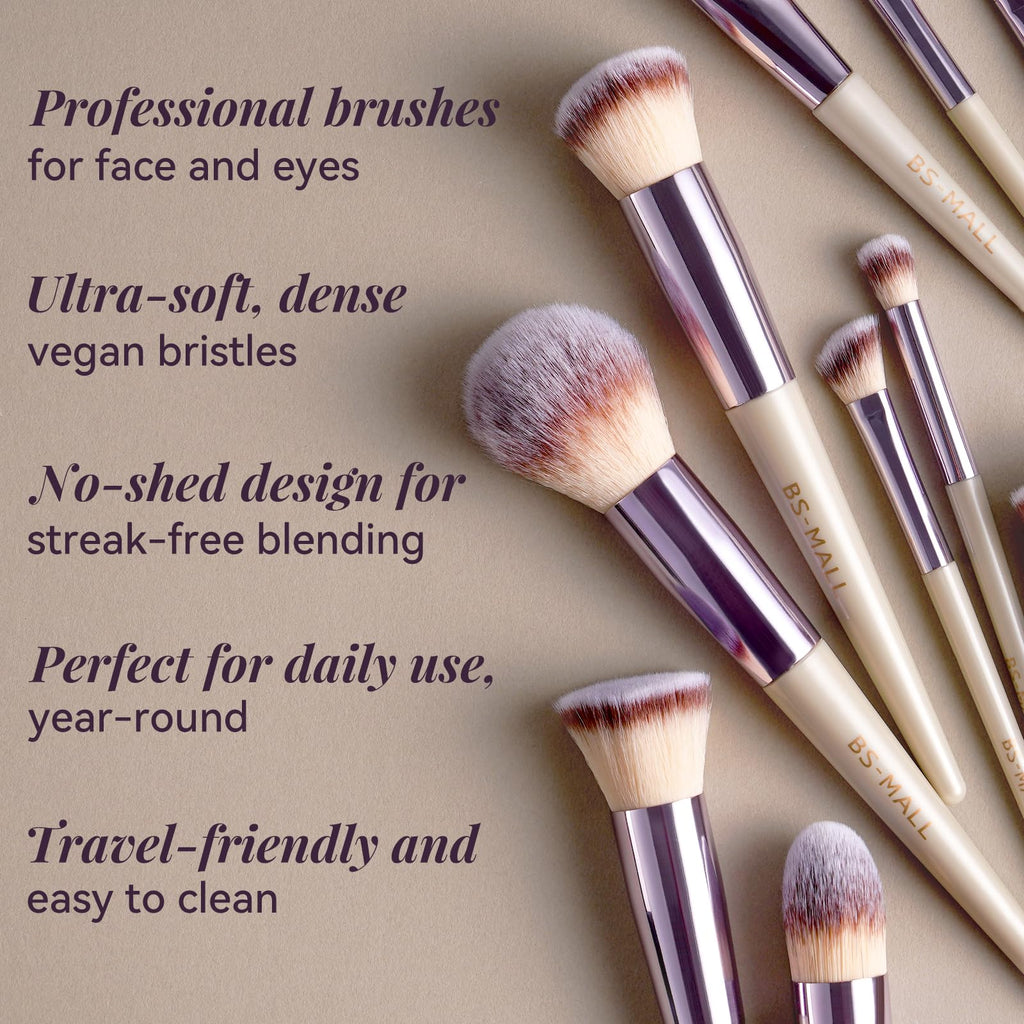 BS-MALL Professional Makeup Brush Set 18 Pcs Premium Synthetic Foundation Powder Concealers Eye Shadows Blush Makeup Brushes with Travel Case (Matte white beige)