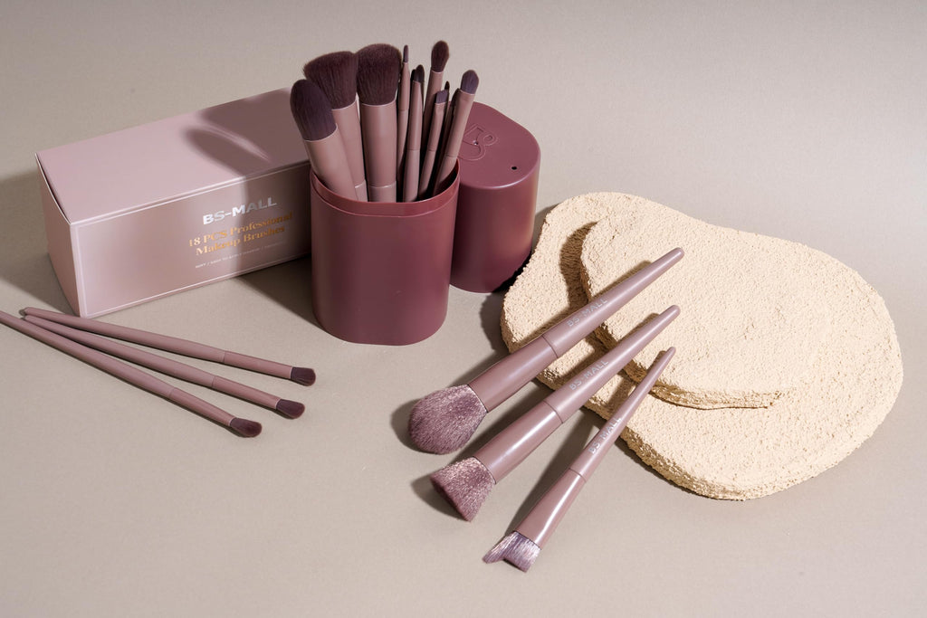 BS-MALL Professional Makeup Brush Set 18 Pcs Premium Synthetic Foundation Powder Concealers Eye Shadows Blush Makeup Brushes with Travel Case (Matte white beige)