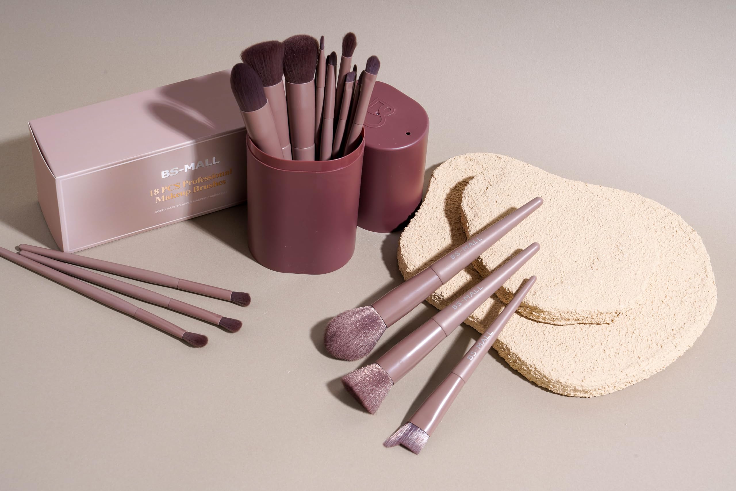 BS-MALL Professional Makeup Brush Set 18 Pcs Premium Synthetic Foundation Powder Concealers Eye Shadows Blush Makeup Brushes with Travel Case (Matte white beige)