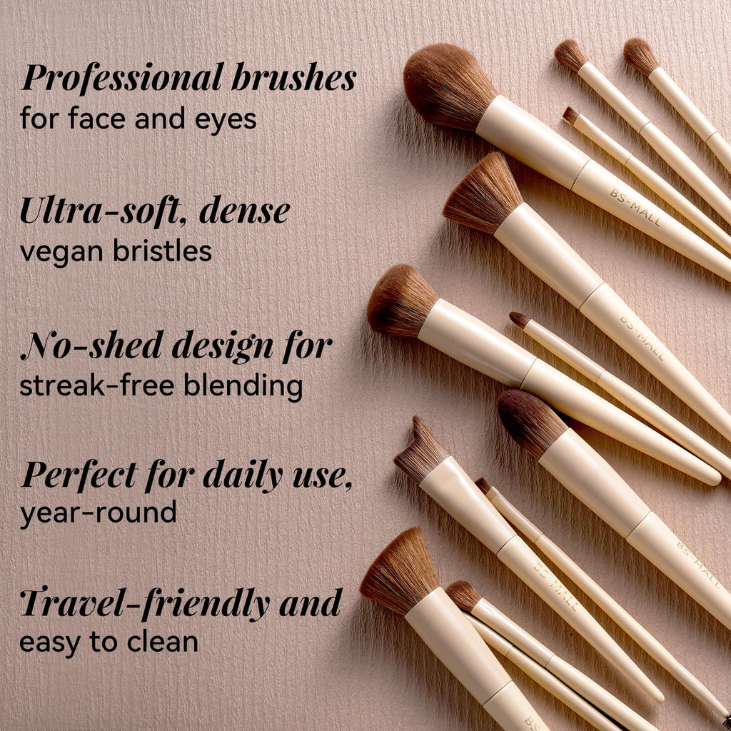BS-MALL Professional Makeup Brush Set 18 Pcs Premium Synthetic Foundation Powder Concealers Eye Shadows Blush Makeup Brushes with Travel Case (Matte white beige)