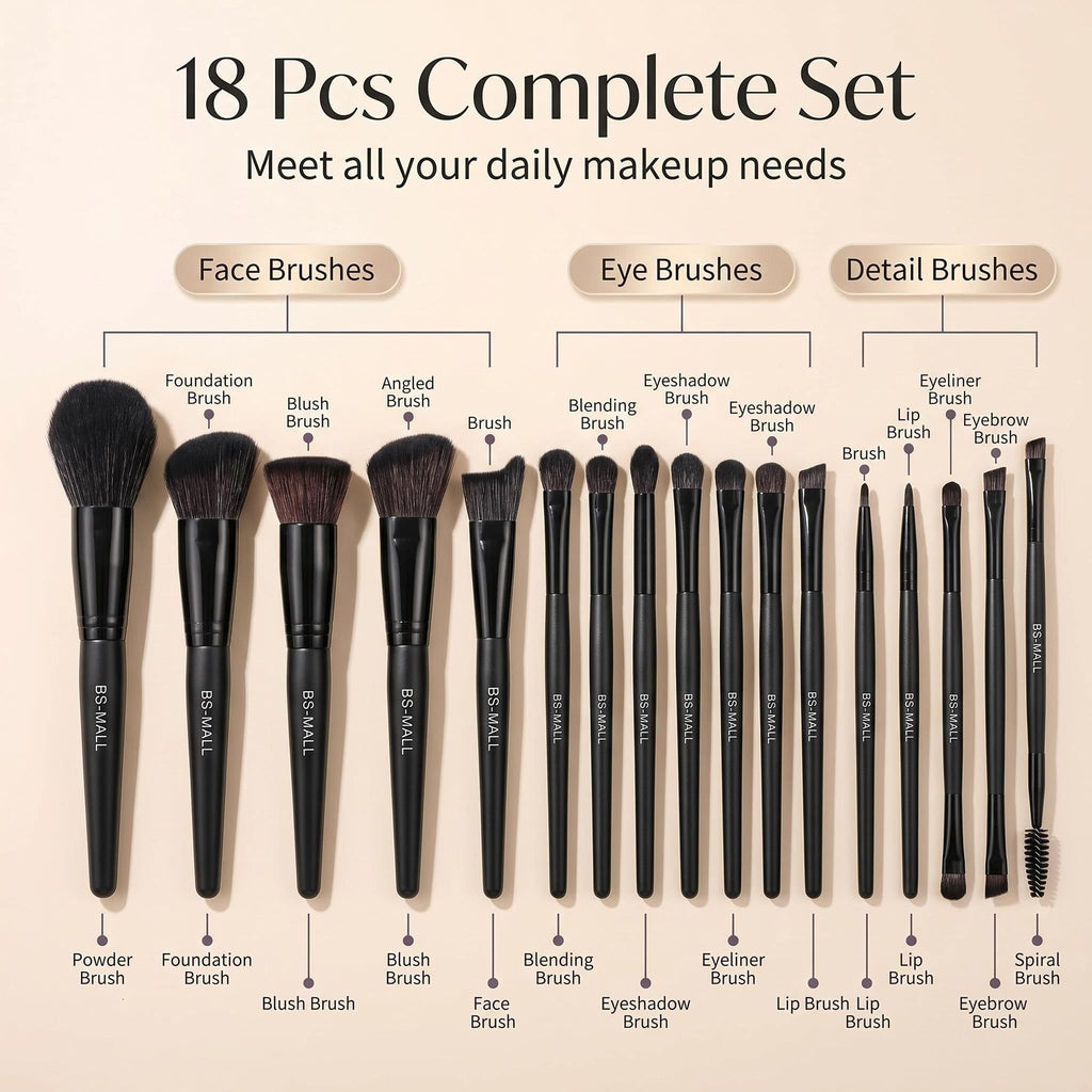 BS-MALL Professional Makeup Brush Set 18 Pcs Premium Synthetic Foundation Powder Concealers Eye Shadows Blush Makeup Brushes with Travel Case (Matte white beige)