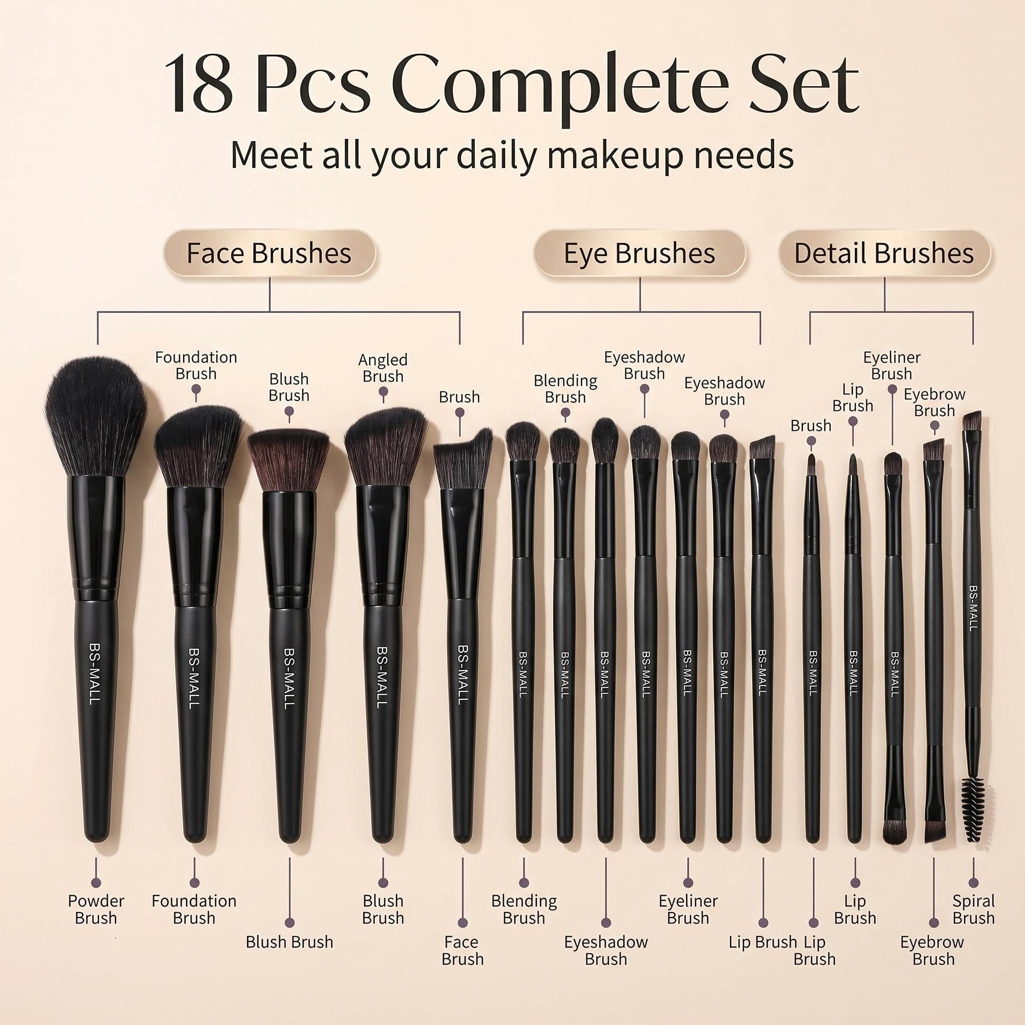 BS-MALL Professional Makeup Brush Set 18 Pcs Premium Synthetic Foundation Powder Concealers Eye Shadows Blush Makeup Brushes with Travel Case (Matte white beige)