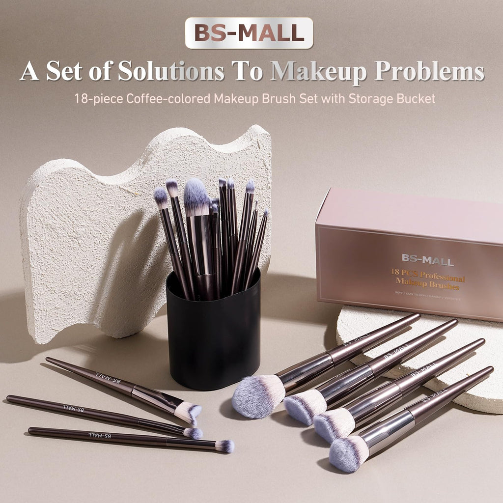 BS-MALL Professional Makeup Brush Set 18 Pcs Premium Synthetic Foundation Powder Concealers Eye Shadows Blush Makeup Brushes with Travel Case (Matte white beige)