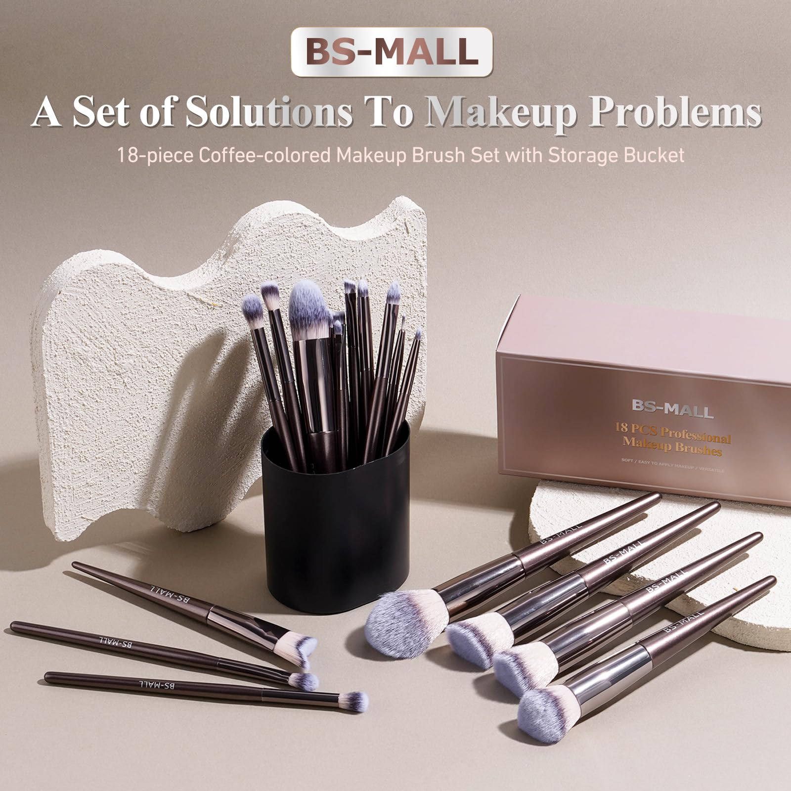 BS-MALL Professional Makeup Brush Set 18 Pcs Premium Synthetic Foundation Powder Concealers Eye Shadows Blush Makeup Brushes with Travel Case (Matte white beige)